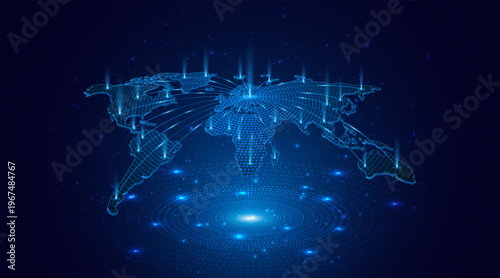 The concept of future global network connectivity technology. World map. Global data transmission or business operations.