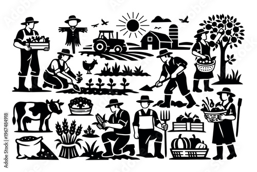 Farmers working in fields, harvesting fruits and vegetables, tilling soil, and tending to plants and farm animals