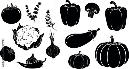 Black and White Vector Set of Vegetables Including Pumpkin, Mushroom, Tomato, Cauliflower, and Pepper for Healthy Food and Organic Designs
