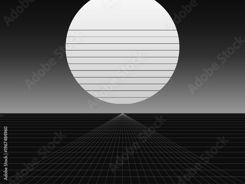 Synthwave Retro Sunset Neon Grid Landscape Background Vector