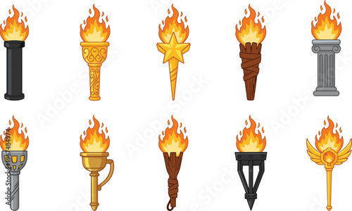 Cartoon torches in colorful vector illustration of flame, light, guidance, ceremony, and symbolic design