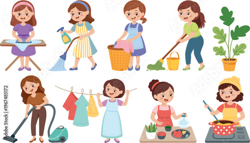 Cartoon women doing household chores in colorful vector illustration of cleaning, cooking, laundry, and domestic activity design
