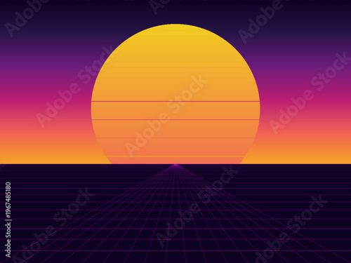 Retro Futuristic Sun Wireframe Grid Dark Background Vector