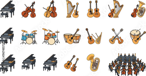 Musical instrument collection with piano, violin, guitar, harp, drum, tuba, and orchestra ensemble, vector illustration set isolated on white background for music and education design