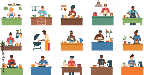 Cooking activity collection with people preparing meals, chopping, stirring, and grilling in kitchen scenes, culinary illustration set isolated on white background