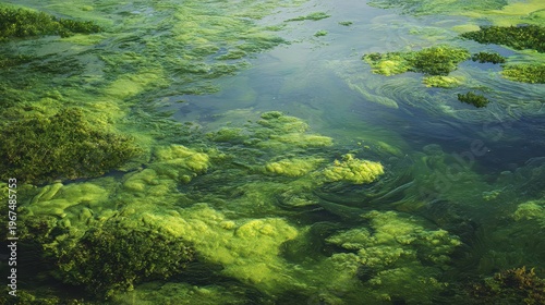 Close-up of murky water covered in thick green algae, creating a textured and abstract aquatic environment
