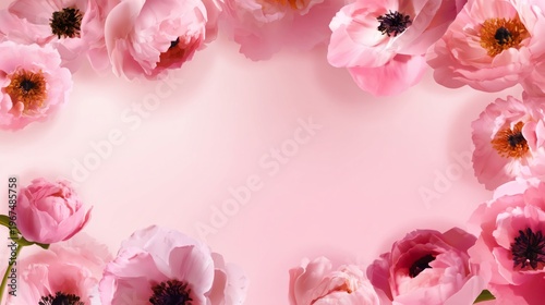 Pink Flowers Create a Border on a Light Background During Spring Time
