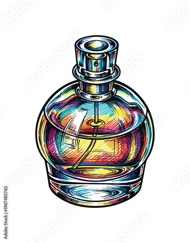 Colorful abstract illustration of a round perfume bottle with a spray nozzle