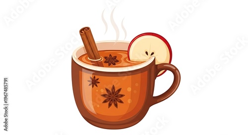 Cozy winter mulled cider in rustic mug with cinnamon and apple slice