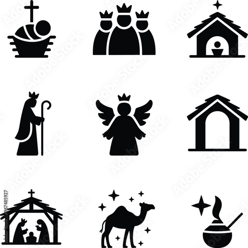 Black and white of religious symbols and figures with stars cross church