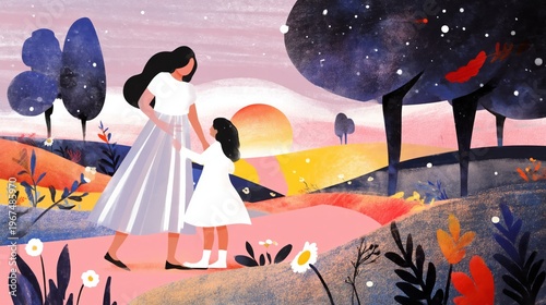 Mother and Child Walk Together During Sunset in a Colorful Landscape