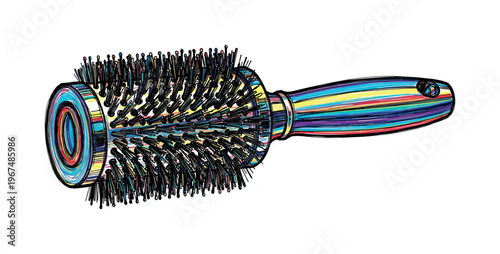 Colorful round hairbrush with dense bristles and striped handle on white background