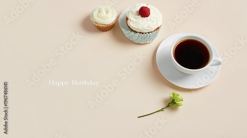 Birthday Celebration With Cake, Coffee, and Flower on a Simple Background