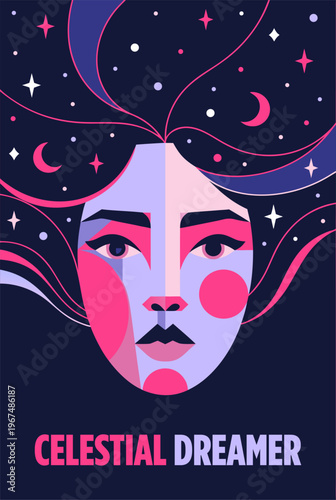 A stunning minimalist flat design illustration of a woman whose hair flows into a cosmic night sky filled with stars and crescent moons