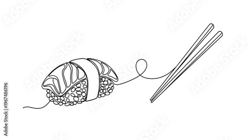 Sushi Day Nigiri with Nori Wrap and Chopsticks Line Art – Japanese Food Vector Illustration