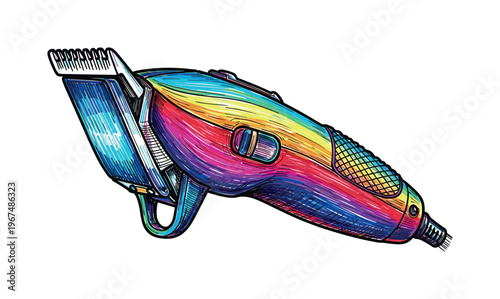 Vibrant rainbow electric hair clipper drawing with bold outlines and hatching