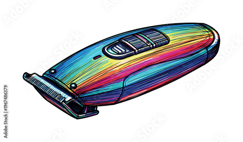 Colorful beard trimmer with a slim body and metallic blades, artistic illustration