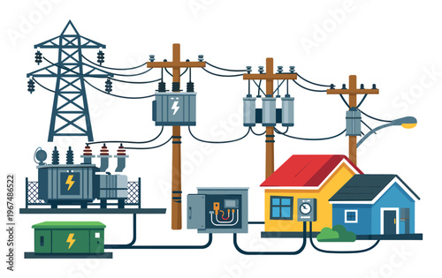Electricity grid showing power lines, utility poles, transformers, and electrical boxes distributing power to suburban houses