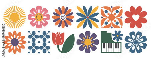 Retro floral and sun motifs with piano keys flower