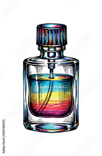 Colorful illustration of a stylish aftershave bottle with vivid liquid