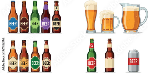 Collection of Beer Bottles, Cans, and Beer Glasses with Different Labels and Designs, Alcohol Beverage Illustrations for Pub and Bar Branding