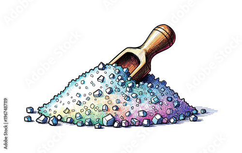 Pile of colorful bath salt crystals with a wooden scoop in a drawing style