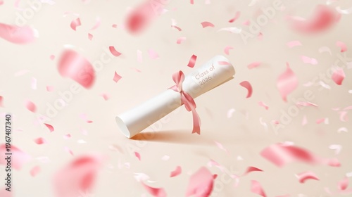 Celebration of Graduation With Rolled Diploma Surrounded by Pink Confetti in ...