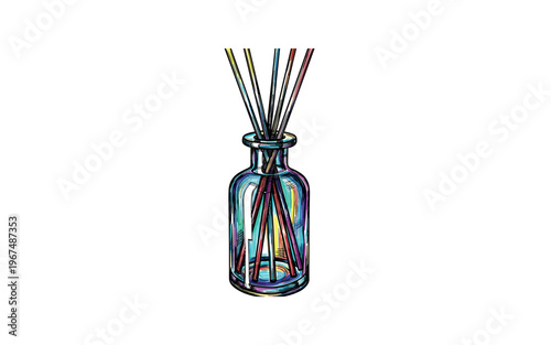 Colorful glass bottle with diffuser reeds releasing aromatic fragrance for home ambiance