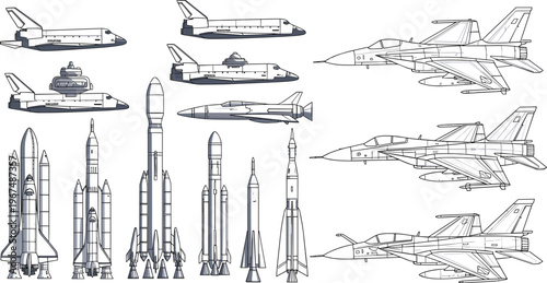 Aircraft, Space Shuttle, Rockets, and Fighter Jets in Detailed Line Art for Aerospace and Military Design Illustrations