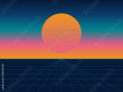 Synthwave Retro Sunset Neon Grid Landscape Background Vector