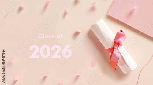 Celebration of Class of 2026 With Pink Confetti and Rolled Diplomas on a Ligh...