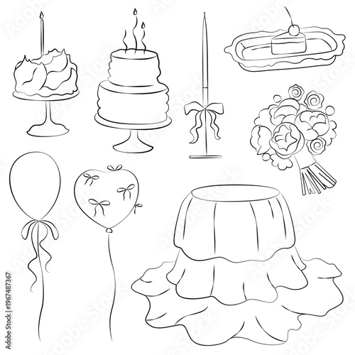 Hand-drawn birthday decor elements, round banquet table, air balloons, birthday cake and bouquet in line art graphic style