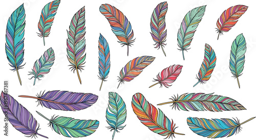 Colorful feather collection with hand-drawn decorative plumage, artistic bird feather illustration set isolated on white background for design and craft projects