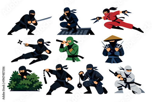 Ninja characters engaged in martial arts training, showcasing stealth, combat, and weaponry skills in a collection of diverse poses