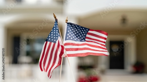 Flags of the United States Stand in Front of a House During Daytime in a Subu...