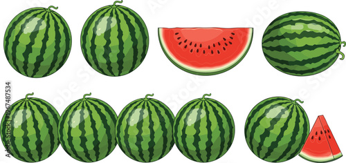 Watermelon Illustration Set with Whole, Sliced, and Cut Pieces for Summer, Fruit, and Healthy Food Designs