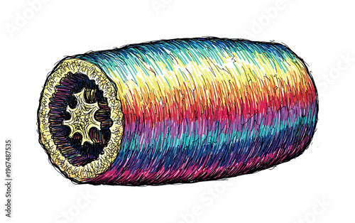 Close-up illustration of a colorful loofah sponge with a cross-section view