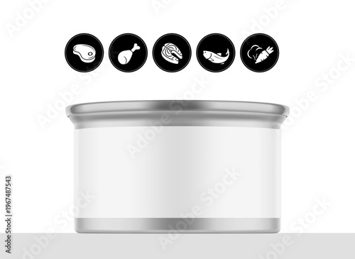 Hight realistic can mockup with set icons for preserved food, pet food. Vector illustration isolated on white background. Easy to use for presentation your product, idea, design. EPS10.