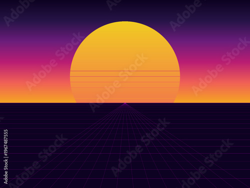 Tableau sur toile Synthwave Retro Sunset Neon Grid Landscape Background Vector