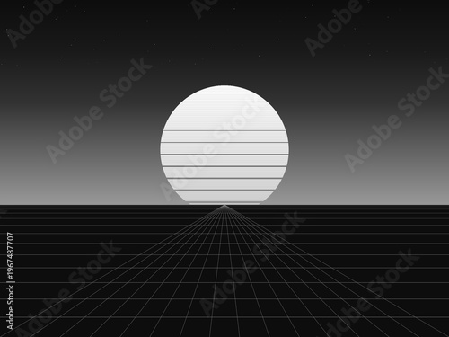Synthwave Retro Sunset Neon Grid Landscape Background Vector