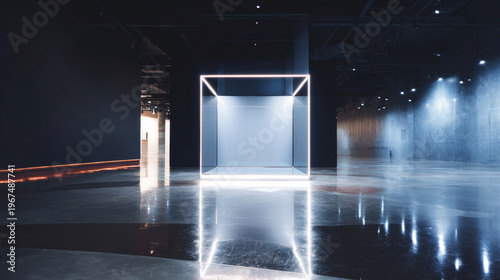 Dark exhibition hall featuring illuminated cubic frame on reflective floor, creating a futuristic display platform