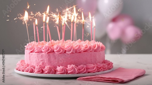 Celebration With a Pink Cake and Sparklers at a Party With Balloons in the Ba...