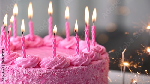 Celebration With a Pink Cake and Sparklers at a Party With Balloons in the Ba...