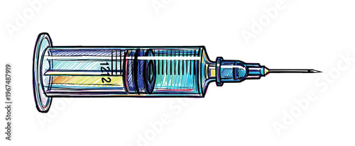 Colorful sketch of a medical syringe with a sharp needle and measurement markings