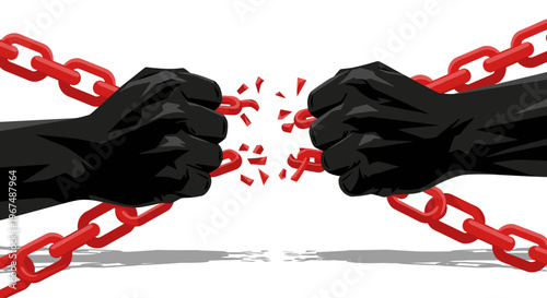 Two fists breaking a red chain in half with force and power on a white background