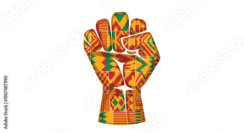 A vibrant hand with a Kente cloth pattern raised in a fist against a white background