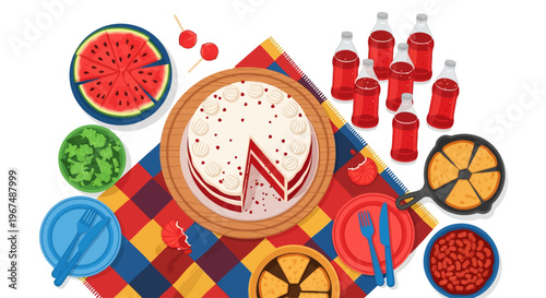 A colorful picnic spread featuring a cake watermelon and drinks on a vibrant blanket