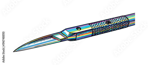 Close-up of a sharp, narrow scalpel blade with a colorful, striped design