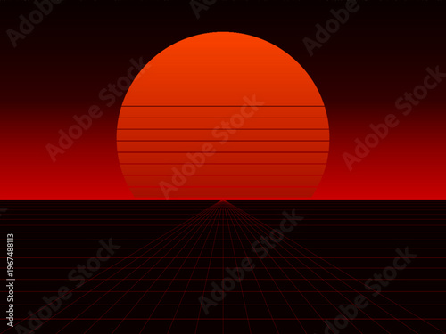 Vintage 80s Sunset Gradient Sky Perspective Grid Template