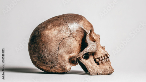Human skull displaying aged texture and cracks, representing mortality, history, and the passage of time